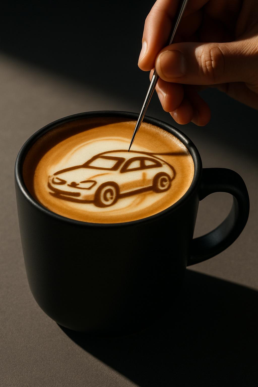 A hand holds a metal tool, carefully crafting a design in a dark, full black coffee mug filled with a rich, light brown la...