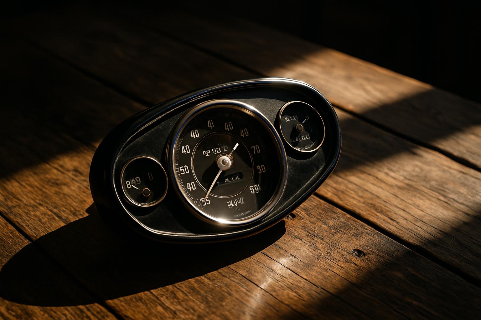 A dashboard-like object is sitting on a wooden surface beneath the shadows of sunlight. The object appears to be made of a...