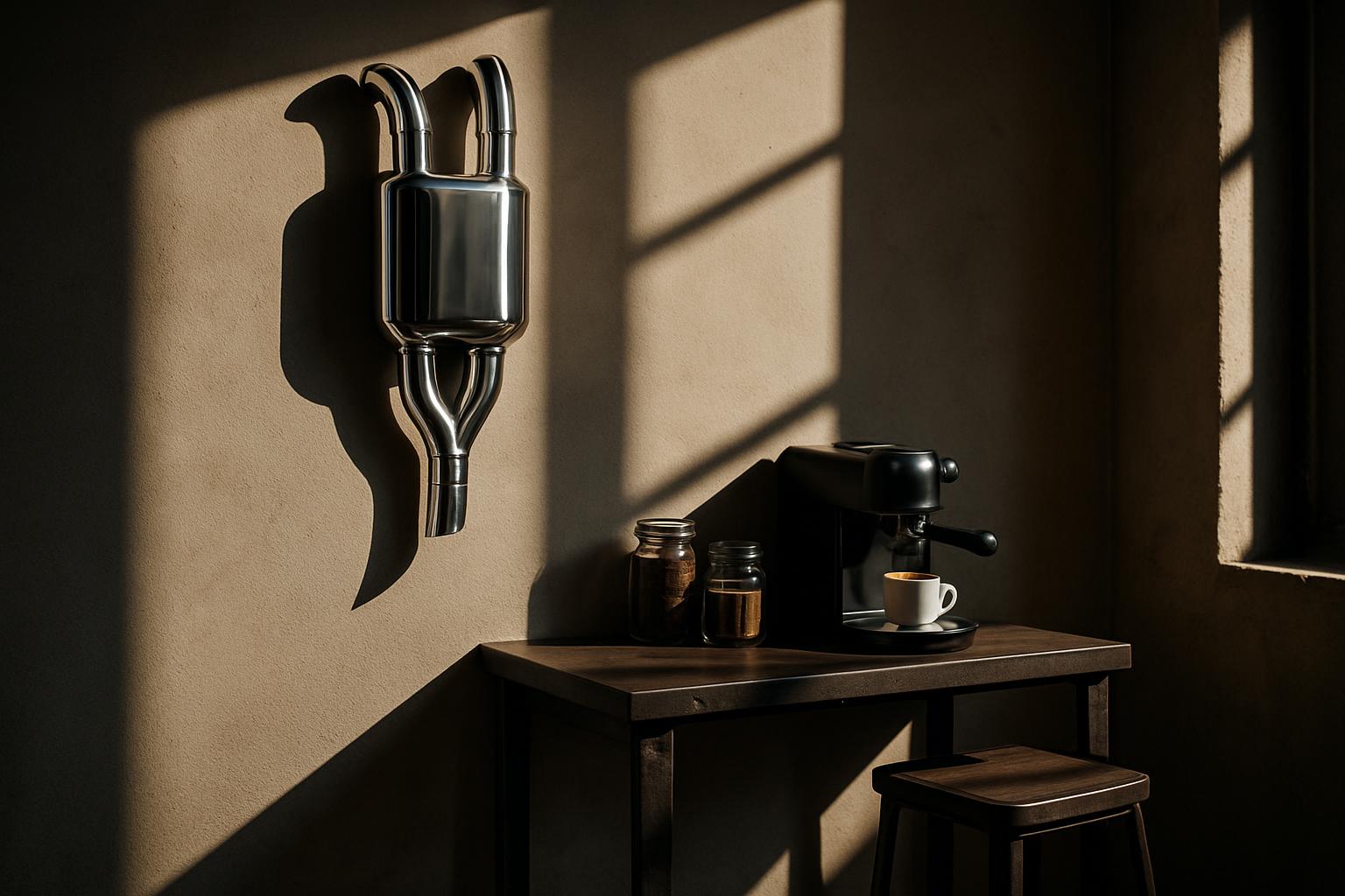 [Automated generated description below] A coffee corner with a dark wooden table, a black coffee maker with a white cup, t...